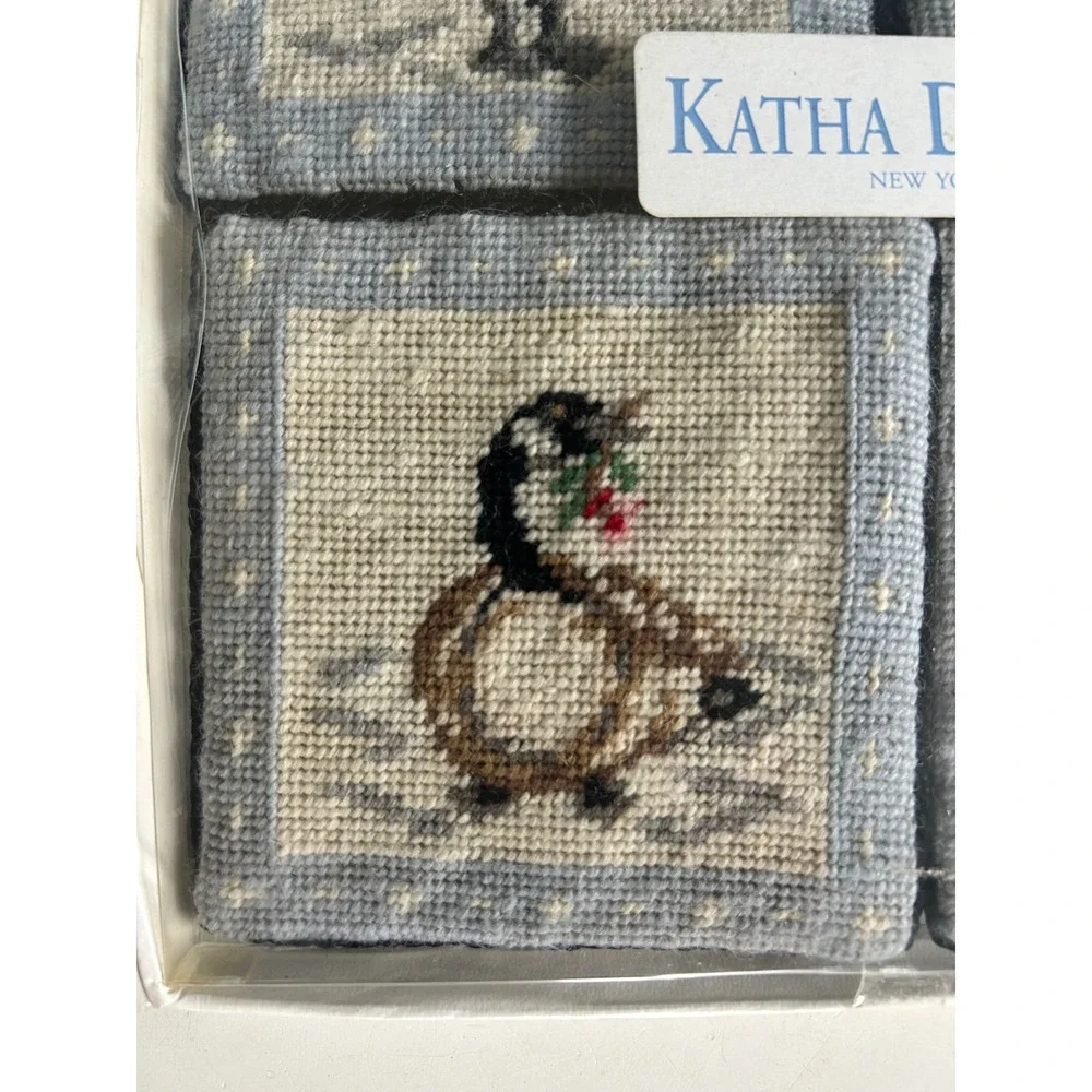 VTG Katha Diddel Cottagecore Needlepoint Coasters Set Birds Country Christmas